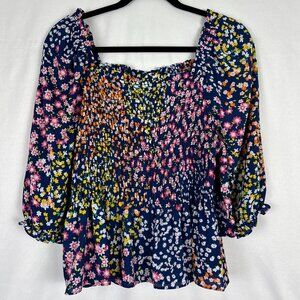 Nanette Lepore Smocked Floral Peasant Blouse Womens Large Multicolor Garden Girl